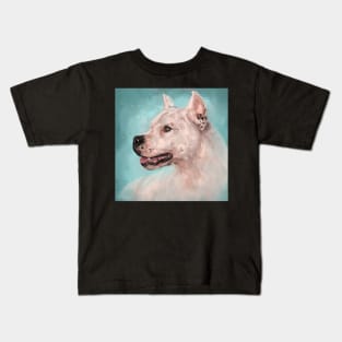 Painting of a Dogo Argentino on Light Blue Background Kids T-Shirt